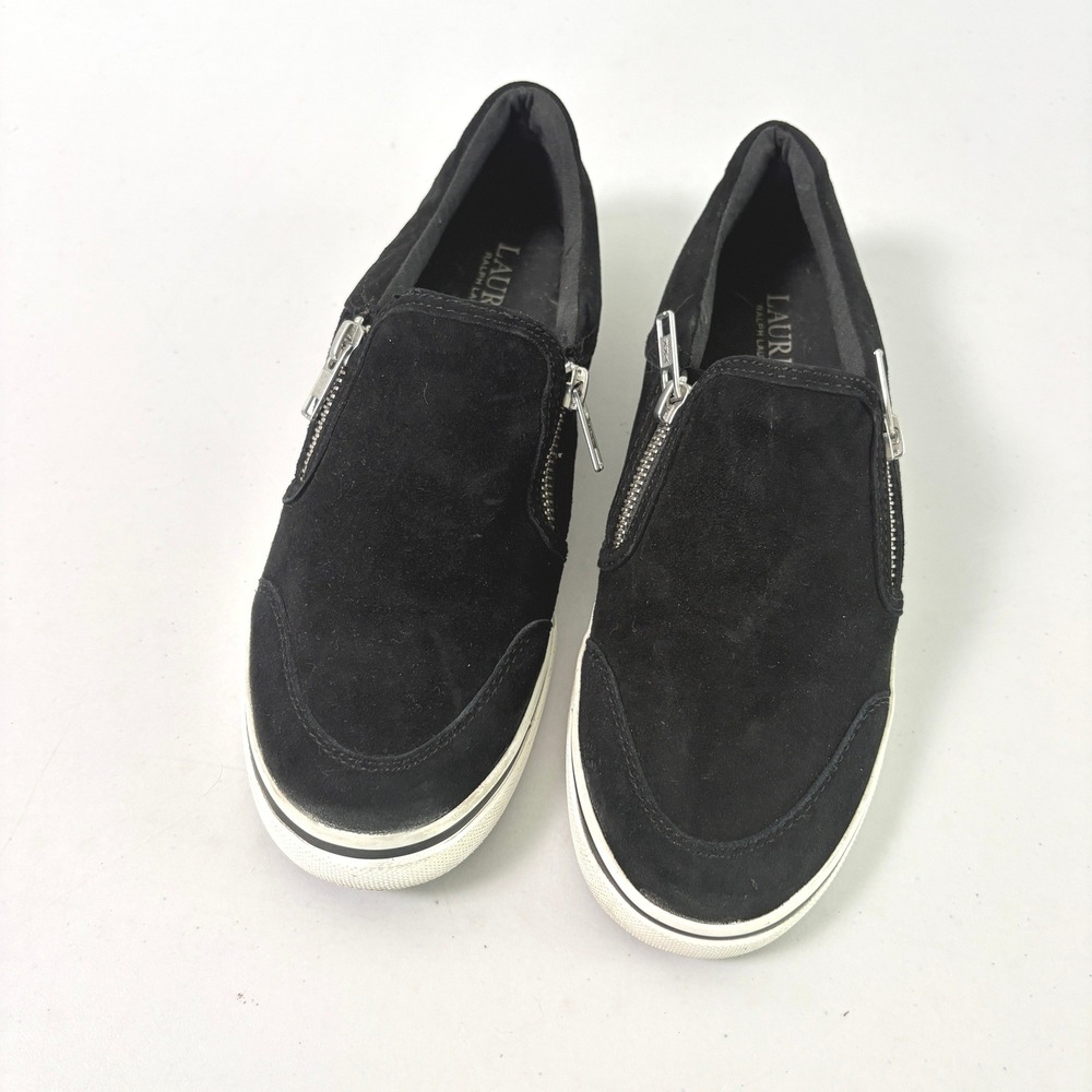 Lauren Ralph Lauren Jeorgia Sneakers Womens 7B Black Suede Zip Slip On Shoes